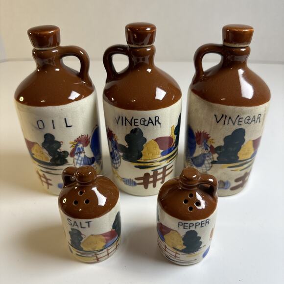 Vintage Relco Japan Vinegar/Oil Cruets Salt Pepper Hand painted Roosters/Barns - Picture 1 of 8